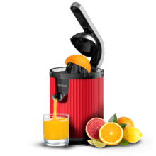 Xqueeze RetroJuice 600 Red Espremedor elétrico de braço retrô para laranjas e frutas cítricas com 600 W de potência, filtro em aço inox, cone de plástico, alavanca para extração da polpa e sistema anti-gotejamento.