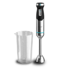 Frullatore a immersione Power Pulsar 2300MAX con potenza massima di 2300 W, Tecnologia Crossblades con lame a 4 lame con rivestimento in titanio nero, piede XL extra lungo, cappa antispruzzo e selettore di velocità con funzione Turbo. Include bicchiere da 700 ml con coperchio, fruste e tritatutto con lama rompighiaccio.