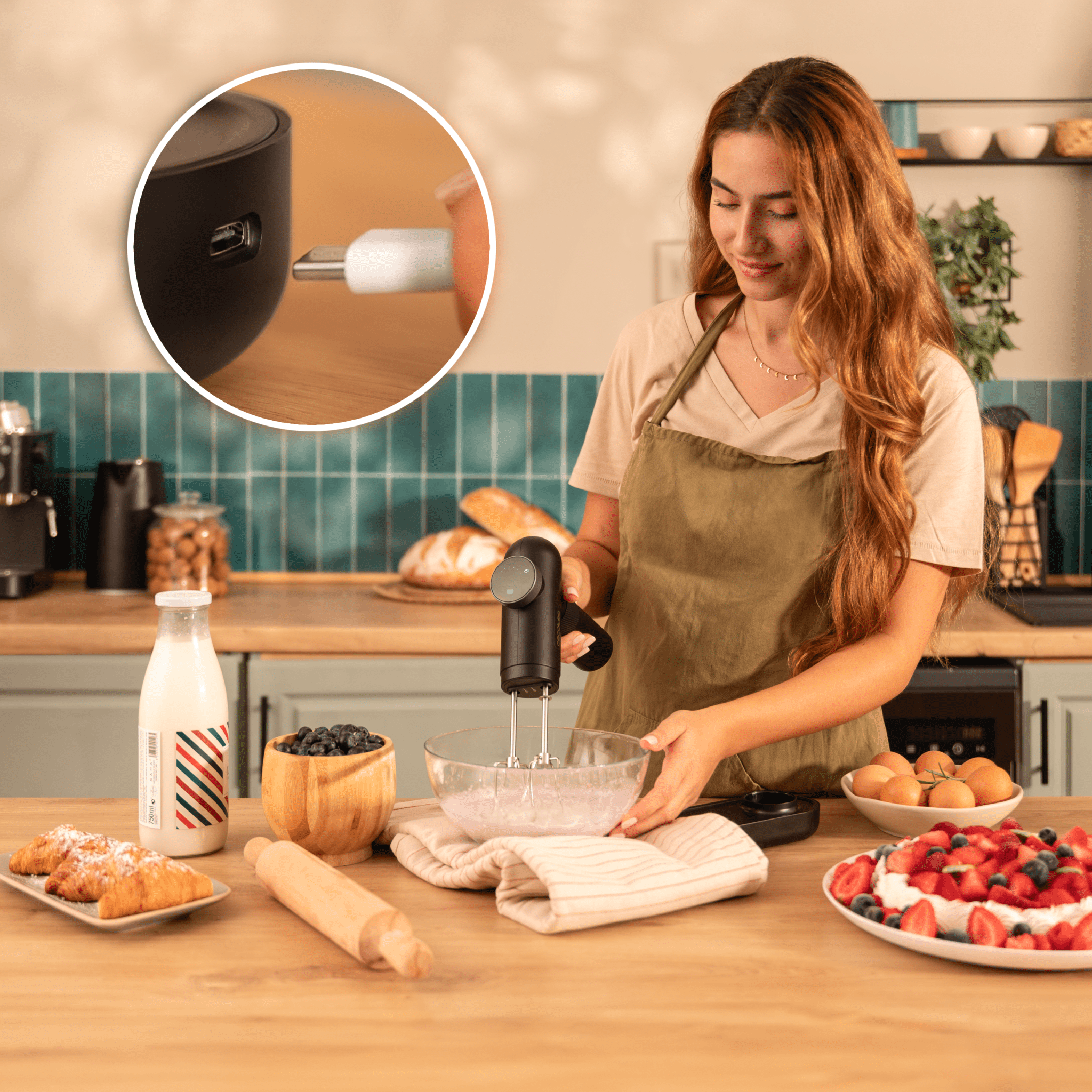 CECOTEC PowerTwist Battery recargable por USB durante uso en repostería