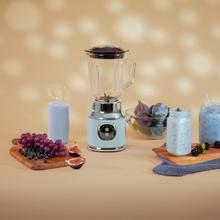 RetroTwist Blue Batidora de vaso retro con 800W de potencia máxima, cuchilla de 4 hojas con recubrimiento de titanio negro y jarra con 1L de capacidad.