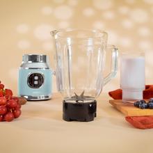 RetroTwist Blue Batidora de vaso retro con 800W de potencia máxima, cuchilla de 4 hojas con recubrimiento de titanio negro y jarra con 1L de capacidad.