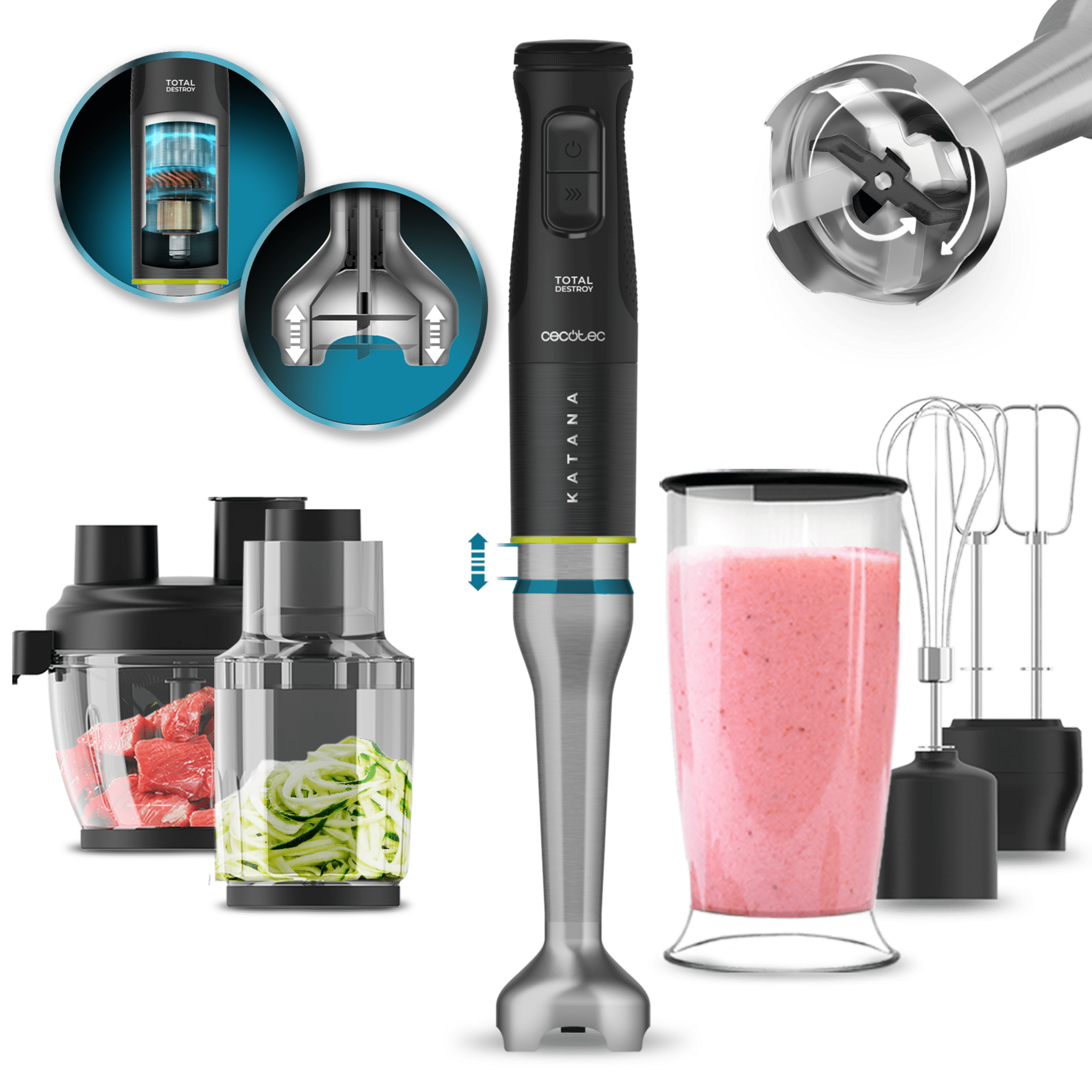 Katana 15 TotalDestroy Full B Hand blender avec 1500 W. Technologie TotalDestroy avec 4 lames noires revêtues de titane qui broient les ingrédients les plus durs en moins de temps. PerreoMove, qui déplace les lames de haut en bas pour mixer davantage avec moins d'effort. Pied XL extra long, capot anti-éclaboussures, sélecteur de vitesse progressif avec fonction Turbo et ensemble complet d'accessoires avec robot et spiraliseur.