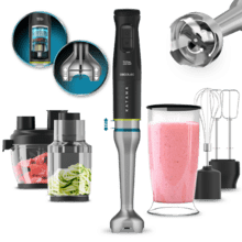 Katana 15 TotalDestroy Full B Hand blender avec 1500 W. Technologie TotalDestroy avec 4 lames noires revêtues de titane qui broient les ingrédients les plus durs en moins de temps. PerreoMove, qui déplace les lames de haut en bas pour mixer davantage avec moins d'effort. Pied XL extra long, capot anti-éclaboussures, sélecteur de vitesse progressif avec fonction Turbo et ensemble complet d'accessoires avec robot et spiraliseur.