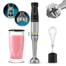 Katana 15 Cream B Varinha mágica com 1500 W e 4 lâminas duras revestidas a titânio preto para triturar até os alimentos mais duros. Com PerreoMove, um sistema que move as lâminas para cima e para baixo para bater mais com menos esforço. Pé XL extra longo, proteção antissalpicos, seletor de velocidade progressiva com função Turbo e um conjunto de acessórios com batedor e copo de 800 ml com tampa.