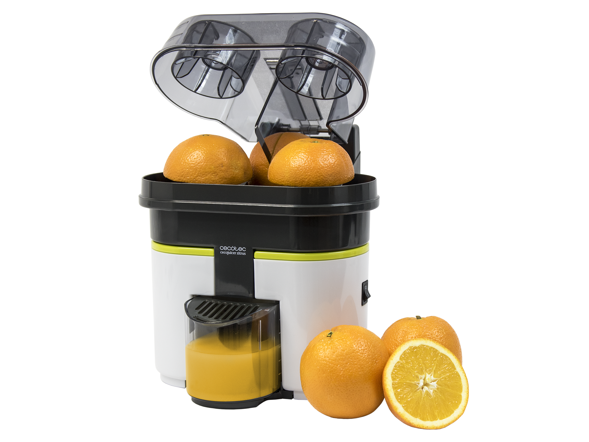 Cecojuicer Zitrus Turbo Elektrischer Orangenentsafter. 90 W, Doppelkopf und Messer, 500 ml Tank mit Filter, BPA-frei, leicht zu reinigen