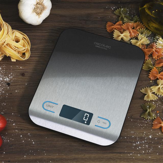 Balance de cuisine numérique Cook Control 8000, haute précision, acier inoxydable, design extra-plat, écran LCD rétro-éclairé extra-grand, capacité maximale de 5 kg avec une précision d'1 g