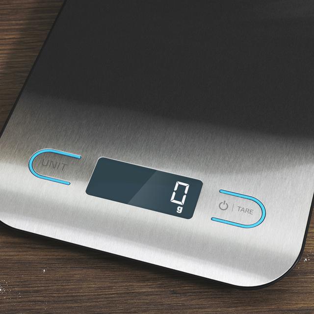 Balança de cozinha de alta precisão Digital CookControl 8000. Aço inoxidável, design fino, display LCD extragrande, capacidade máxima de 5 kg com precisão de 1g, 203 x 155 mm
