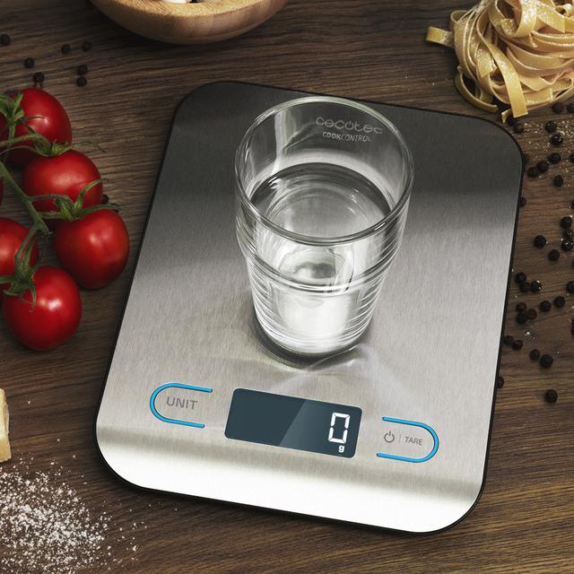 Balance de cuisine numérique Cook Control 8000, haute précision, acier inoxydable, design extra-plat, écran LCD rétro-éclairé extra-grand, capacité maximale de 5 kg avec une précision d'1 g