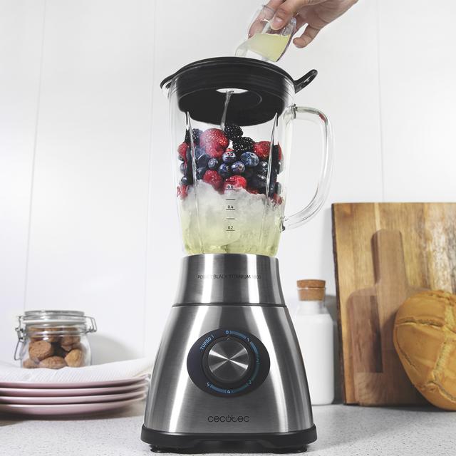 Power Black Titanium 1800 Standmixer. 1800 Watt Leistung, 6 Klingen aus schwarzem Titan, Turbo-Funktion, Smoothie-Filter, 2,1-Liter-Thermo-Krug