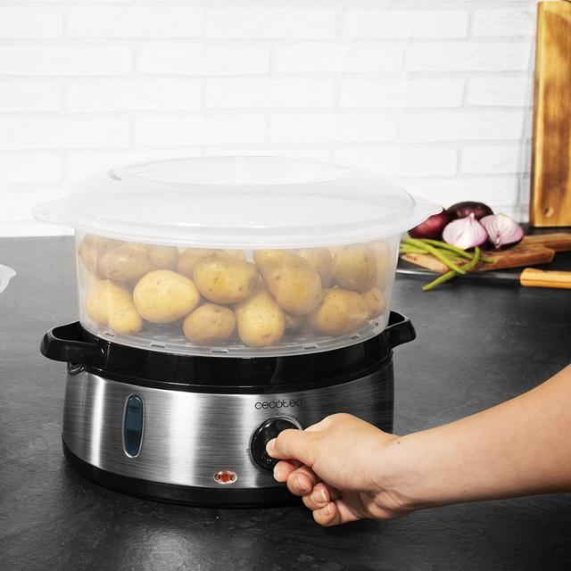 Vapovita 3000 INOX Vaporera eléctrica con 800 W, 3 recipientes Independientes, Cuenco para Preparar arroz, Soportes para cocer Huevos, Temporizador 60 Minutos. 2 entradas Laterales de Agua.