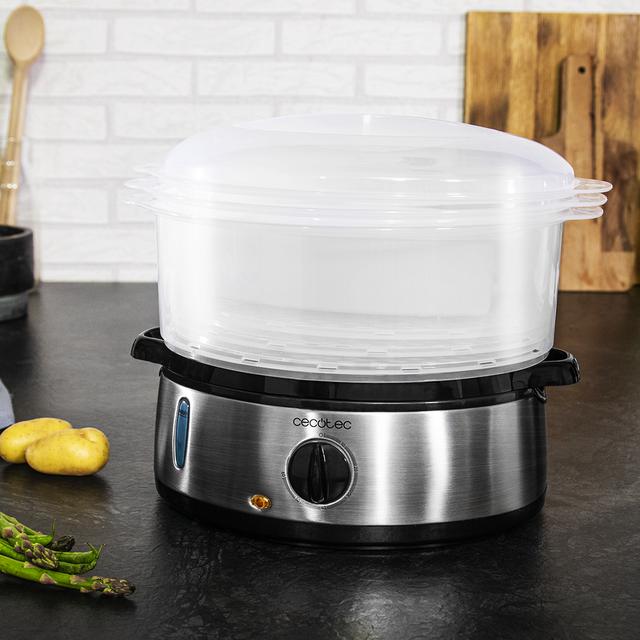 Vapovita 3000 INOX Vaporera eléctrica con 800 W, 3 recipientes Independientes, Cuenco para Preparar arroz, Soportes para cocer Huevos, Temporizador 60 Minutos. 2 entradas Laterales de Agua.