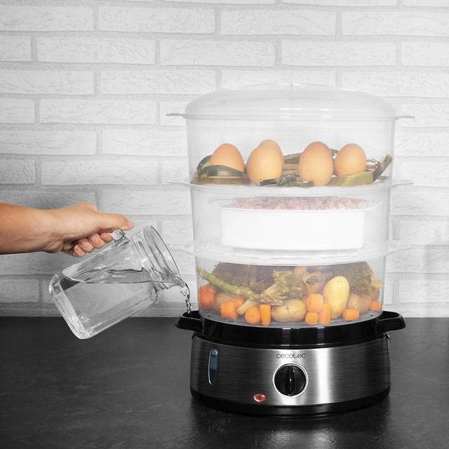 Vapovita 3000 INOX Vaporera eléctrica con 800 W, 3 recipientes Independientes, Cuenco para Preparar arroz, Soportes para cocer Huevos, Temporizador 60 Minutos. 2 entradas Laterales de Agua.