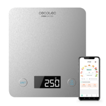 Balance de cuisine Cook Control 10000 Connected avec app, finition en acier inoxydable, précision d'1 g, capacité de 5 kg, écran LCD, design extra-plat et revêtement anti-empreintes.