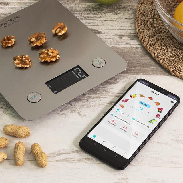 Balança de Cozinha Controlo de Cozinha 10000 Ligado com App, Acabamento em Aço Inoxidável, precisão de 1g, capacidade de 5kg, Visor LCD, Design extra fino, Revestimento Anti-impressão digital