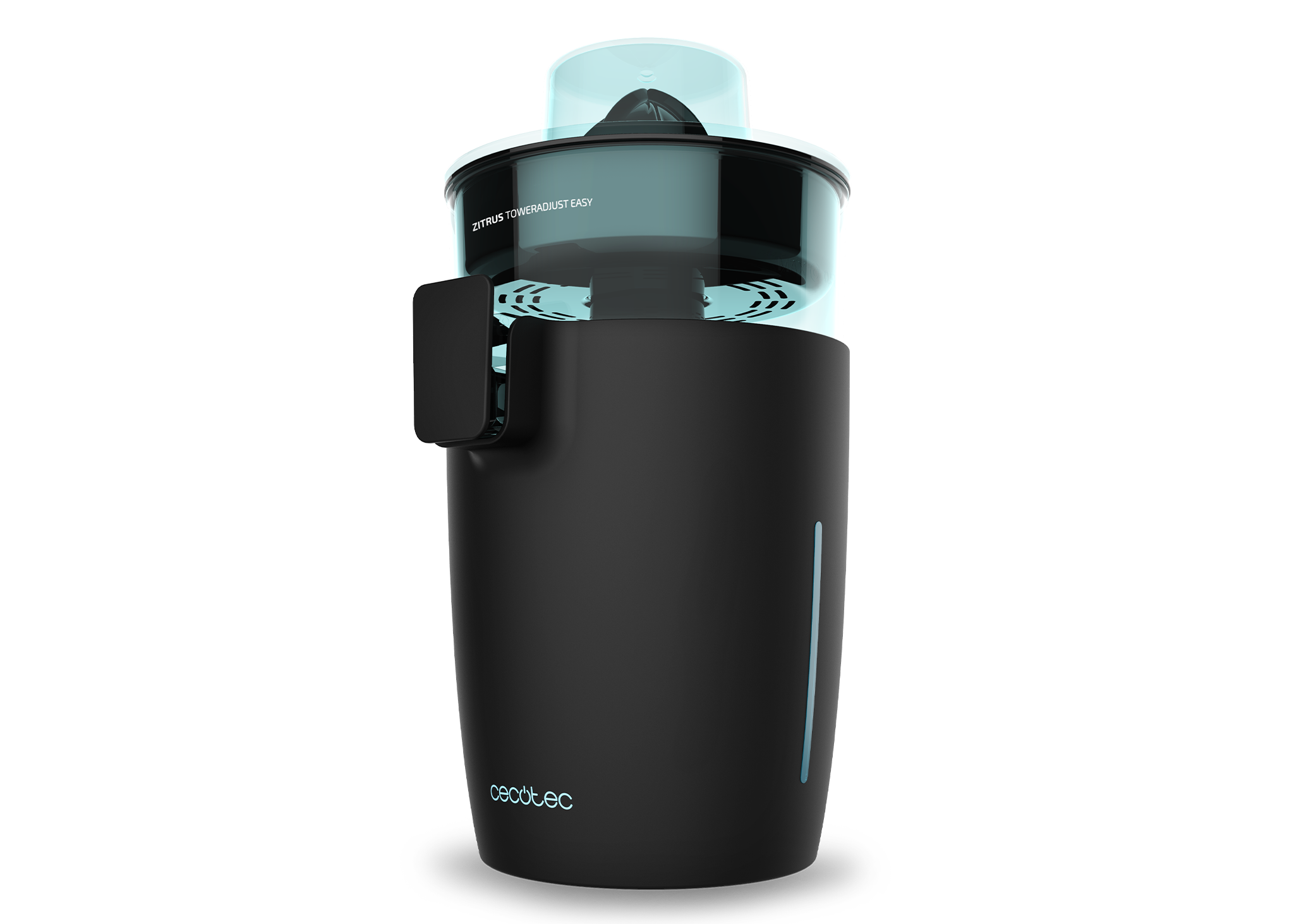 Elektrische Zitruspresse Zitrus TowerAdjust Easy. Leistung 350 W, Zellstoff-Filterregler, 2 abnehmbare Kegel unterschiedlicher Größe, BPA-freie Trommel, 0,5 l Fassungsvermögen (schwarz)