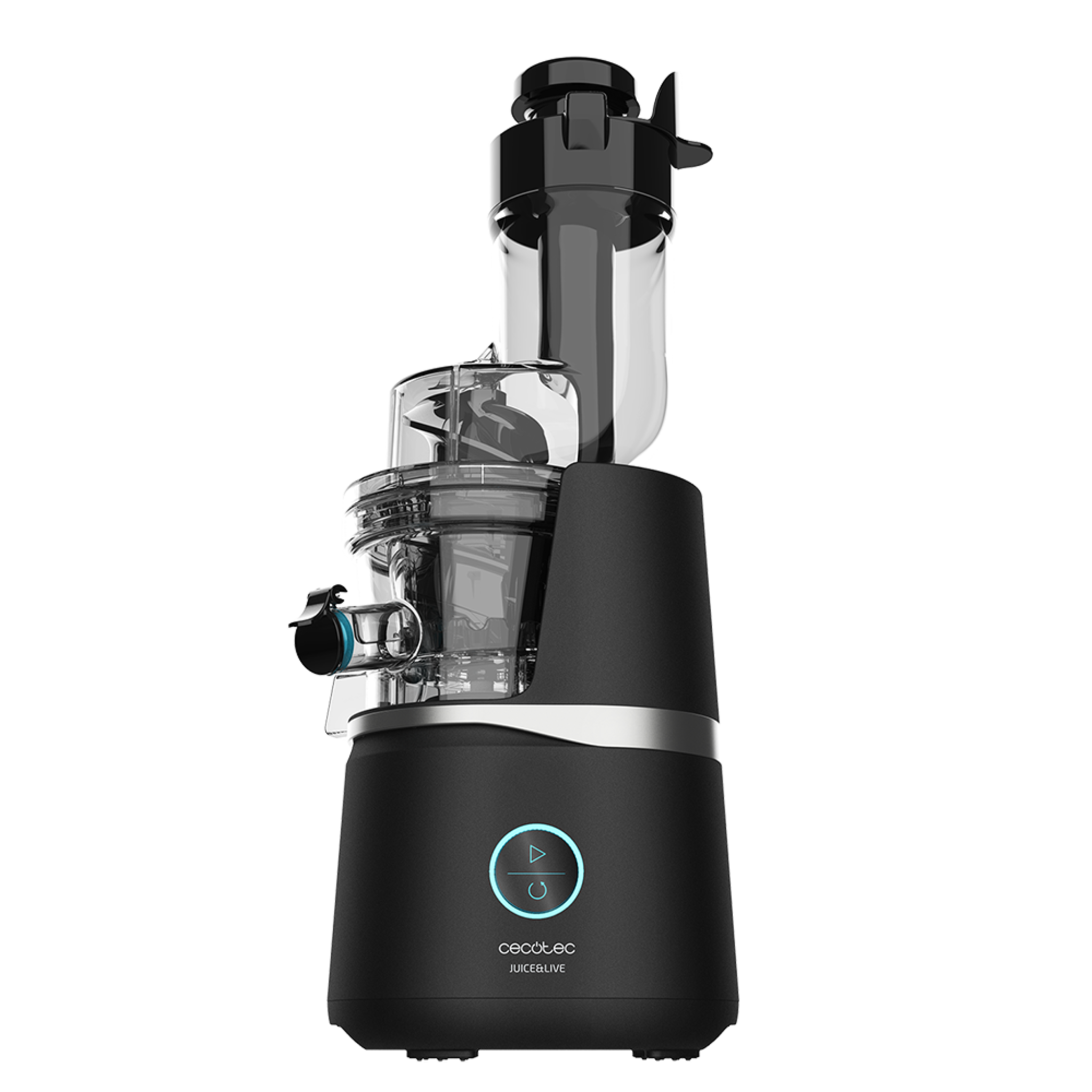 Extracteur de jus par pression à froid Juice&Live 3000 EasyClean avec un moteur de 150 W, un filtre facile à nettoyer, une vitesse lente de 50 tr/min et un tube d’embouchure XL pour introduire des fruits et légumes entiers. Sans BPA.