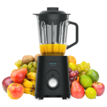 Mixeur-blender Power Black Titanium 1000. Mixeur-blender de 1000 W avec une lame de 6 feuilles revêtues en titane noir, un bol en verre fondu d’1,5 L de capacité et 5 vitesses.