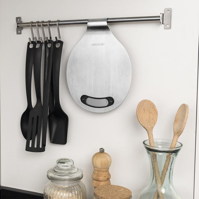 Cook Control 10400 Smart Healthy EasyHang. Báscula de cocina Digital de Acero Inoxidable, Capacidad máxima 8 kg, Precisión 1 g, Asa para colgar, Pantalla LCD, Diseño Extraplano