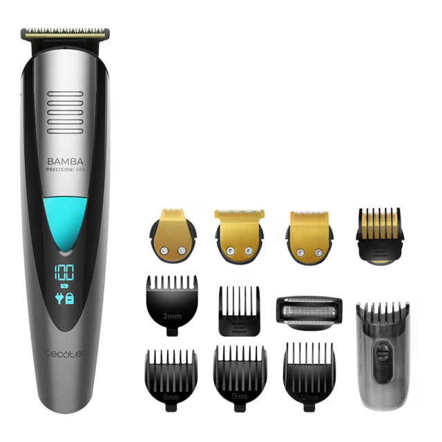 Barbeador Bamba PrecisionCare Multigrooming Pro. 5 em 1 multifunções, à prova de água, bateria de lítio, lâminas revestidas de titânio, ecrã digital,13 configurações de comprimento, 6 pentes