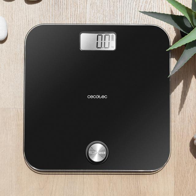 Surface Precision EcoPower 10000 Healthy Black Personenwaage Mit Druckknopf, Oberfläche aus gehärtetem Hochsicherheitsglas und Präzisionssensoren