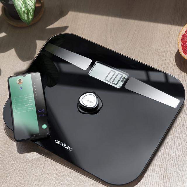 Surface Precision EcoPower 10200 Smart Healthy Black Personenwaage Mit Druckknopf, Oberfläche aus gehärtetem Hochsicherheitsglas, Präzisionssensoren und App