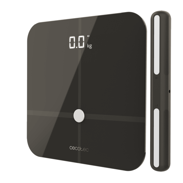 Bilancia pesapersone Healthy Pro Dark Grey Pro. Con app, connettività Bluetooth, barra con sensori per misurazione di bioimpedenza, 15 parametri, design extra piatto