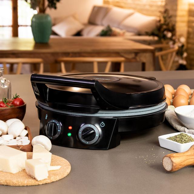 Fun Pizza&Co Elektrischer Grillbackofen für Pizza 1800 W, Grill, Timer 30min, Rockstone-Beschichtung, einstellbare Temperatur, 180º Öffnung mit zwei Platten