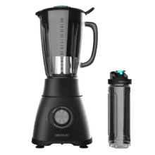 Power Black Titanium 2500MAX Go. ‌Liquidificador de jarro de 1800 W em aço inoxidável, com lâmina de 6 folhas com revestimento em titânio preto e copo de mistura em vidro fundido com 1,8 L de capacidade. Inclui garrafa portátil.