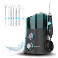 Idropulsore dentale Bamba ToothCare 1200 Jet Pro. 7 beccucci, fino a 1250-1700 impulsi al minuto, display LED, capacità 1000 ml, 10 impostazioni di pressione, IPX4, disinfezione con luce UV
