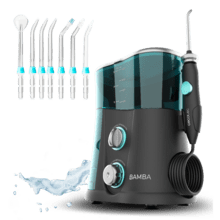 Munddusche Bamba ToothCare 1200 Jet Pro. 7 Düsen, bis zu 1250-1700 Impulse pro Minute, LED-Display, 1000 ml Fassungsvermögen, 10 Druckeinstellungen, IPX4, UV-Licht-Desinfektion