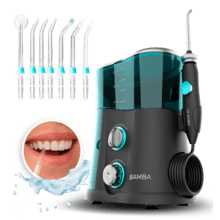 Idropulsore dentale Bamba ToothCare 1200 Jet Pro. 7 beccucci, fino a 1250-1700 impulsi al minuto, display LED, capacità 1000 ml, 10 impostazioni di pressione, IPX4, disinfezione con luce UV