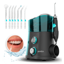 Hydropulseur Bamba ToothCare 1200 Jet Pro. 7 canules, jusqu'à 1250-1700 impulsions par minute, écran LED, 1000 ml de capacité, 10 réglages de pression, IPX4 et désinfection avec lumière UV.