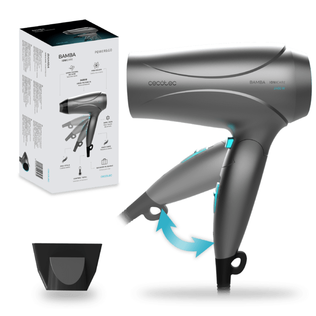 Sèche-cheveux compact Bamba IoniCare Power&Go de Cecotec avec 2400 W de puissance, fonction ionisante et grand débit d’air.