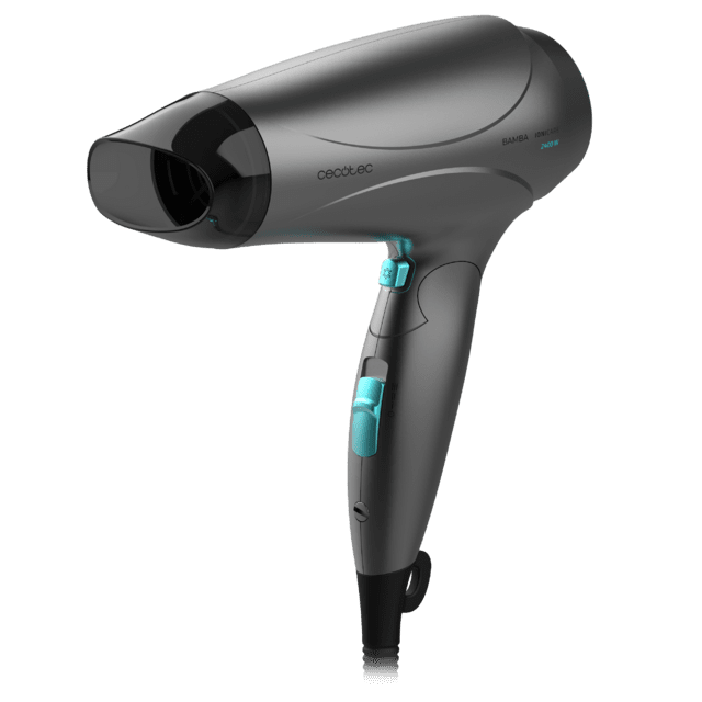 Sèche-cheveux compact Bamba IoniCare Power&Go de Cecotec avec 2400 W de puissance, fonction ionisante et grand débit d’air.