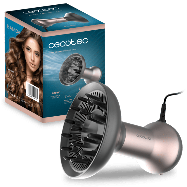 Ionicare MagiCurls Grey Secador de cabelo difusor com 3 temperaturas e 2 velocidades, 17 pinos, 800 W e tecnologia de iões