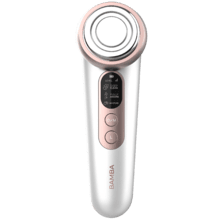 Bamba FaceCare LightSonic Phototherapie-Gesichtsmassagegerät mit blauem und rotem Licht, mit Wärme, Vibration und EMS-Mikrostromfunktion. Es hat auch ein Display und ist batteriebetrieben.