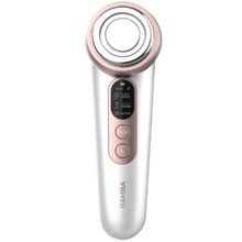 Bamba FaceCare LightSonic com luz azul e luz vermelha, com função de calor, vibração e microcorrente EMS. Tem também um ecrã e funciona a pilhas.