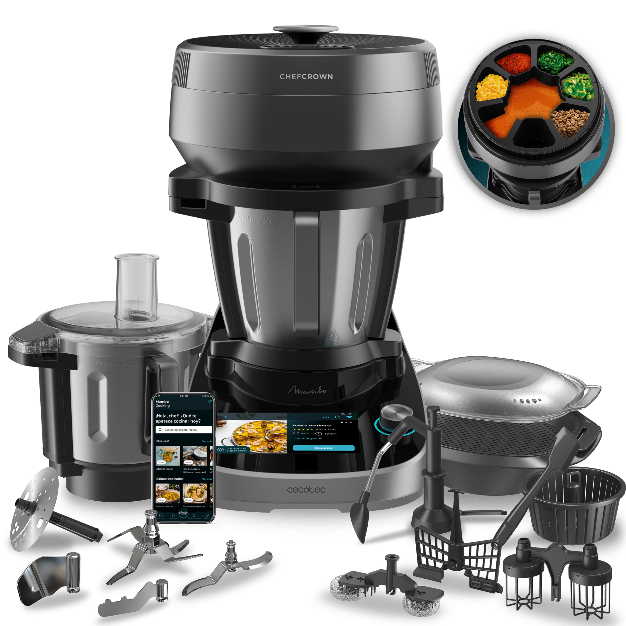 Mambo CooKing Total Gourmet Robot de cocina multifunción con dispensador de alimentos.