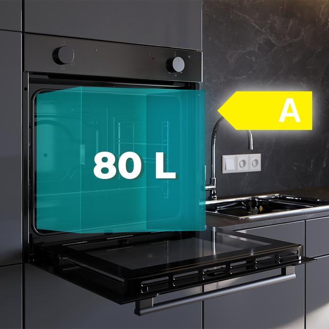 Bolero Hexa C126400 Glass Black A Four conventionnel encastrable C126400 Glass Black, avec une capacité de 80 L, 5 fonctions, mode Conventionnel, Steam Assist, Steam EasyClean, classe A, 2800 W.