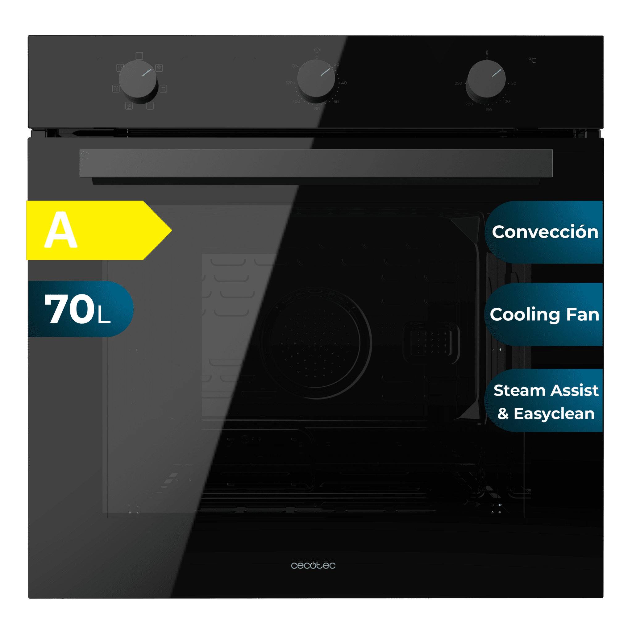 Bolero Hexa M236000 Glass Black Time A Forno multifunções de encastre M236000 Glass Black Time 70 L de capacidade, 6 funções, Temporizador, Classe A, 2800W, Steam Base XXL, Steam Assist, Steam EasyClean, Ventoinha de arrefecimento, Modo Descongelar, Modo ECO, Modo Convecção, Porta Triple Glass.