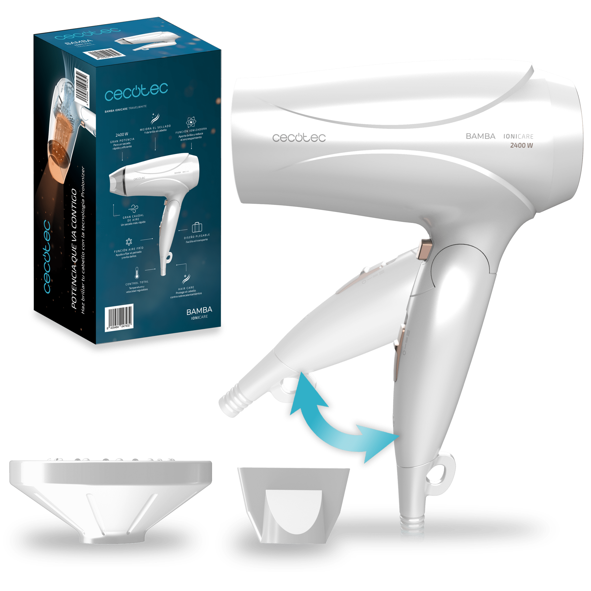 Bamba IoniCare TravelWhite. Secador de Pelo de Viaje Básico con Motor Profesional 2400W, Potente caudal de aire, 2 velocidades y 2 temperaturas (Blanco)