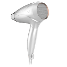 IoniCare TravelWhite Reisehaartrockner mit 2400 W Leistung, Ionisierungsfunktion und hoher Durchflussrate.