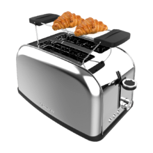 Toastin' time 850 Inox Grille-pain vertical en acier avec deux fentes courtes, 850 W de puissance et support pour petits pains.