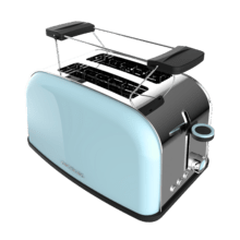 Toastin' time 850 Blue Grille-pain vertical en acier avec deux fentes courtes, 850 W de puissance et support pour petits pains.