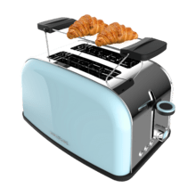 Toastin' time 850 Blue Grille-pain vertical en acier avec deux fentes courtes, 850 W de puissance et support pour petits pains.