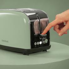 Toastin' time 850 Green Torradeira vertical de aço com dupla ranhura curta, 850 W de potência e suporte para pãezinhos.