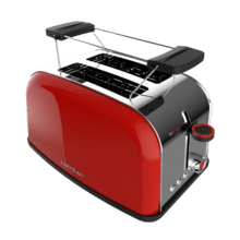 Toastin' time 850 Red Grille-pain vertical en acier avec deux fentes courtes, 850 W de puissance et support pour petits pains.