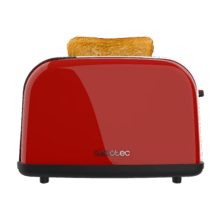 Toastin' time 850 Red Grille-pain vertical en acier avec deux fentes courtes, 850 W de puissance et support pour petits pains.