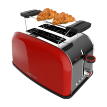 Torradeira vertical Toastin' time 850 Red Torradeira vertical de aço com dupla ranhura curta, 850 W de potência e suporte para pãezinhos.