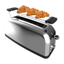 Toastin' time 850 Inox Long Grille-pain vertical en acier avec une fente longue, 850 W de puissance et support pour petits pains.